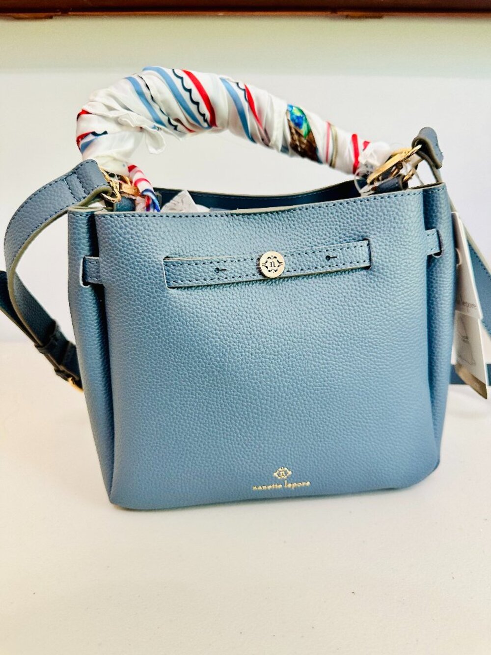 NANETTE LEOPORE DENIM BLUE 3-WAY COVERTIBLE BUCKET BAG W SCARF 3-PIECE SET $108
